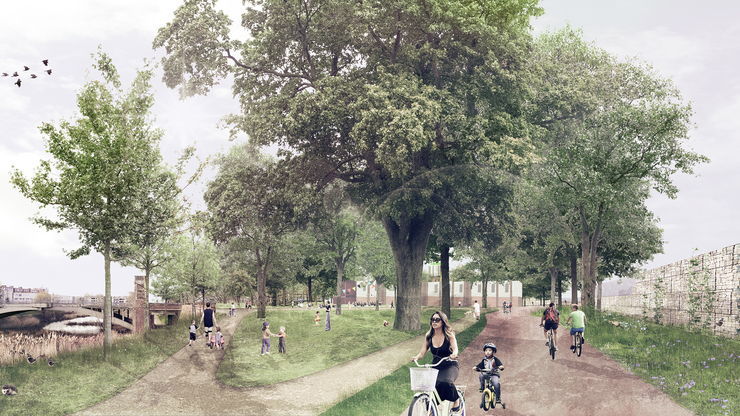 Het park Mastvest met rechts een mogelijks nieuwe Ringpad en een geluidsscherm.