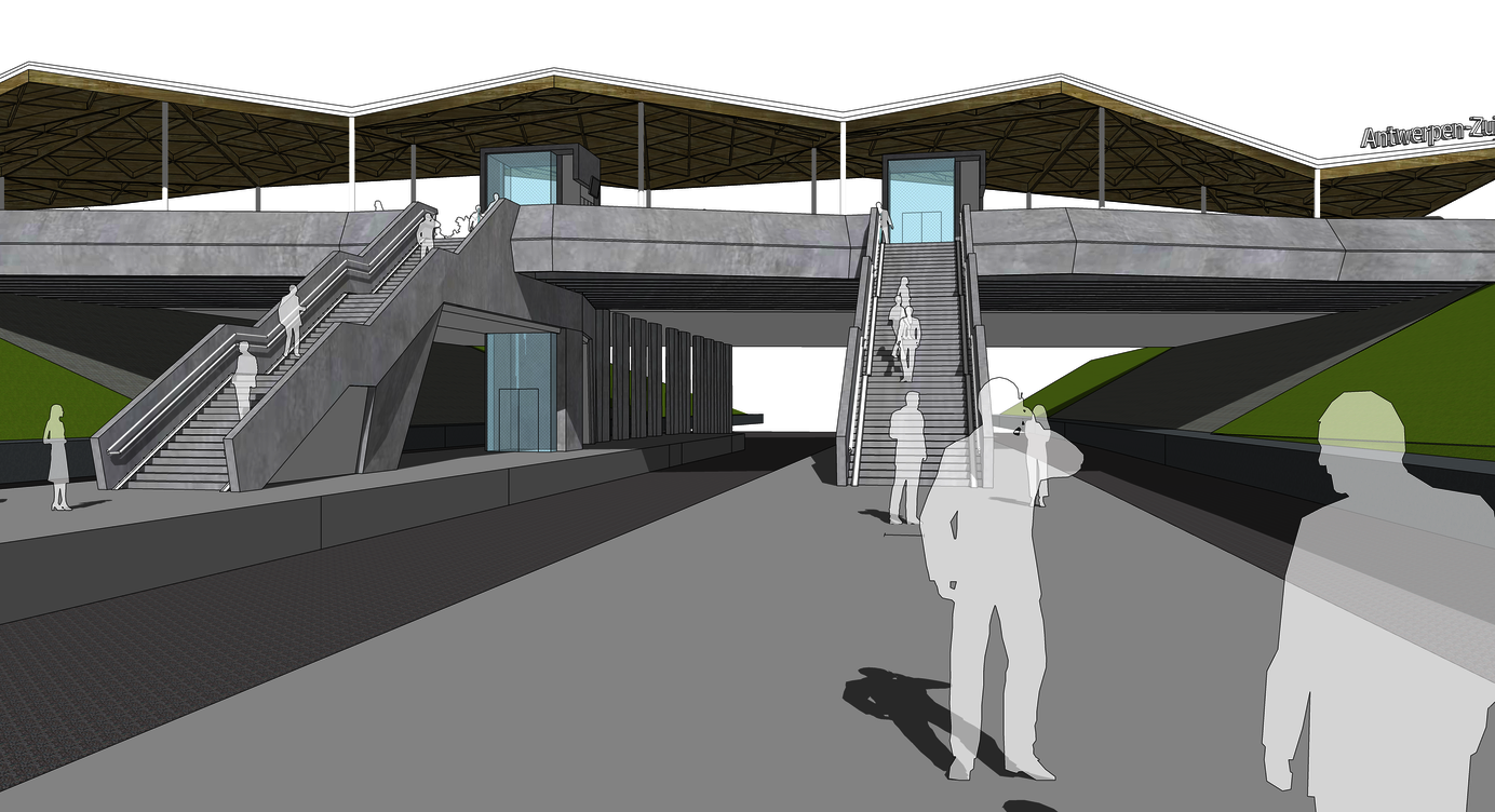 Zicht op de trappen, liften en luifels van de nieuwe toegang naar het station Antwerpen-zuid, gezien vanop de perrons.